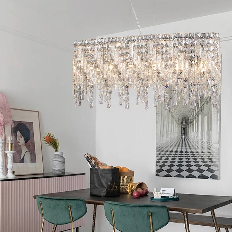 Oval Crystal Chandelier, Modern Ceiling Light Fixture with Reflective Hanging Crystals for Dining Room, Living Room