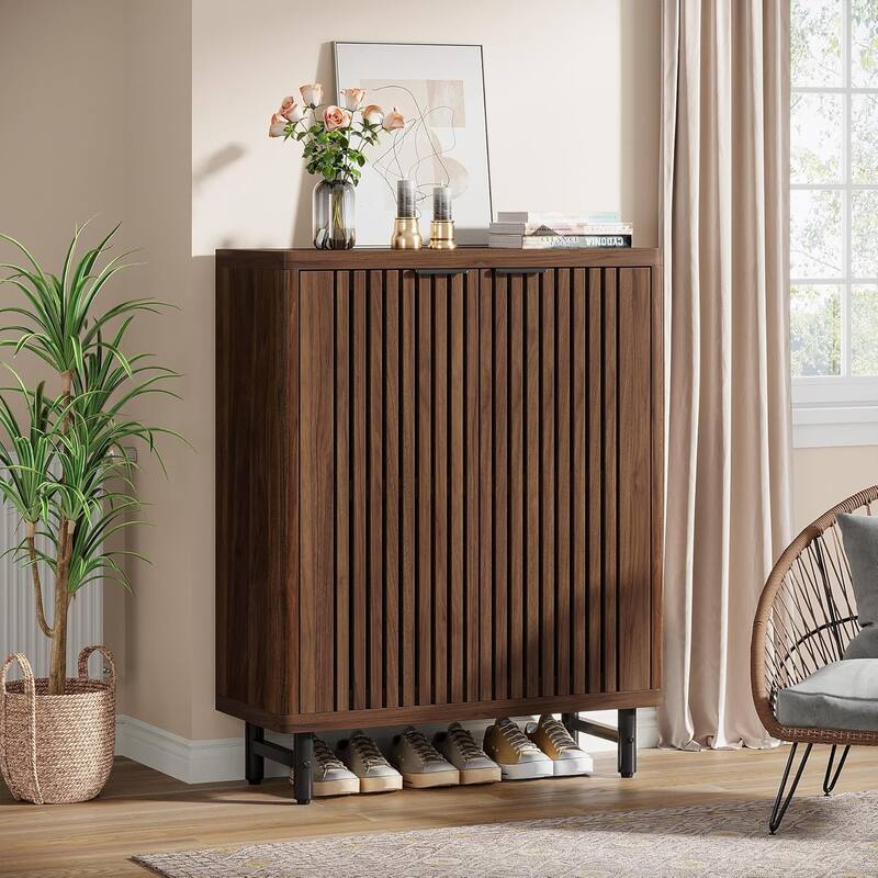 6-Tier Shoe Cabinet with Shutter Doors Adjustable Shelves Wooden Storage Cabinet for Entryway/Hallway/Closet/Living Room