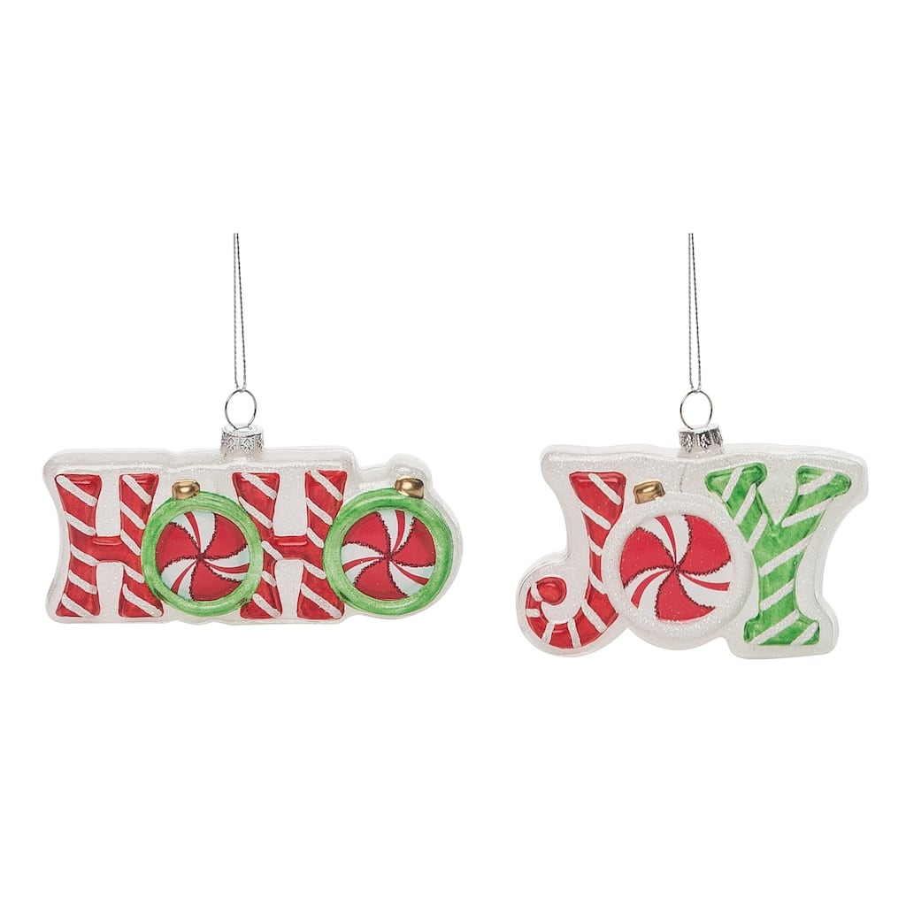 Transpac Glass 5 in. Multicolored Christmas Holiday Word Ornament Set of 2