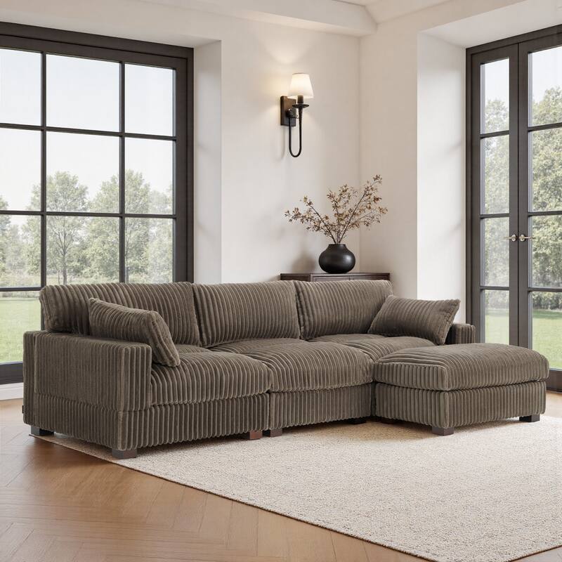 Plush Flannel Modular Sectional Sofa for Living Room - Light Brown-4-Piece