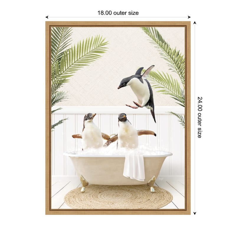 Kate and Laurel Sylvie Penguins in Palms Bath Framed Canvas by Amy Peterson