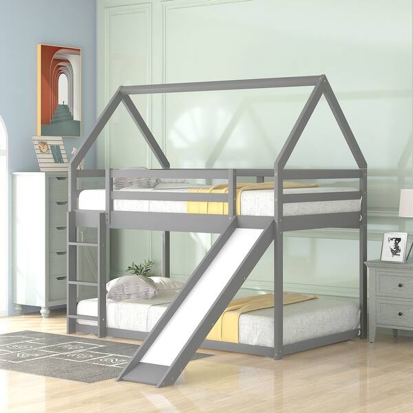 slide 2 of 18, Stylish Twin Bunk House Bed with Slide and Ladder Transform Your Childs Bedroom Grey