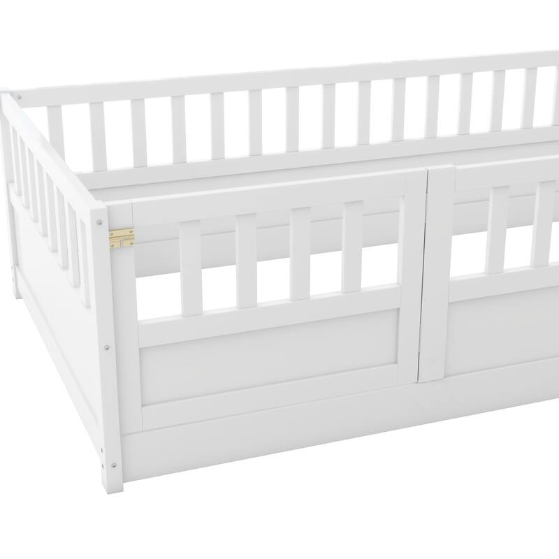 Montessori Twin Floor Bed with Safety Fence - White Pine Wood Kids Play & Sleep Space