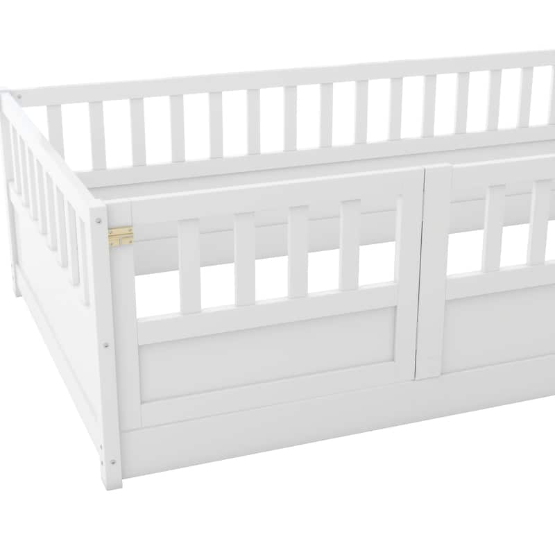 Twin Size Pine Wood Floor Bed, Integral Construction with Super High Security Barrier, Door, Children's Floor Bed Frame