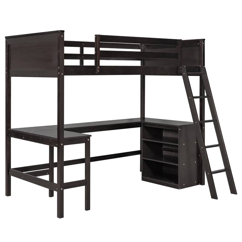 Twin Loft Bed with Desk Shelves Space-Saving Design Brown Modern Contemporary Unisex Nature Wood Finish Includes Hardware