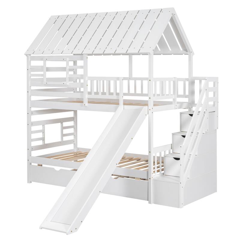Twin Over Twin House Bunk Bed With Slide And Windows