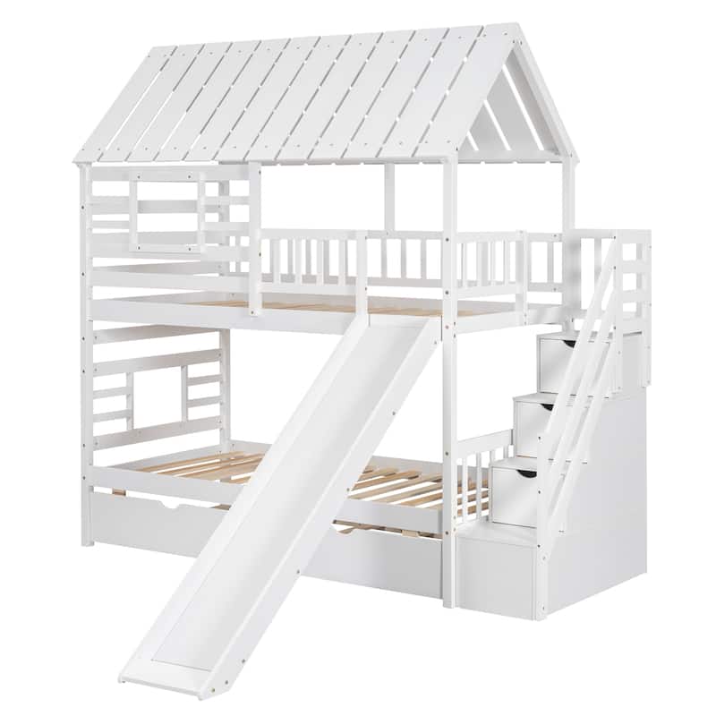 Twin over Twin House Bunk Bed with Trundle & Slide, Storage Staircase