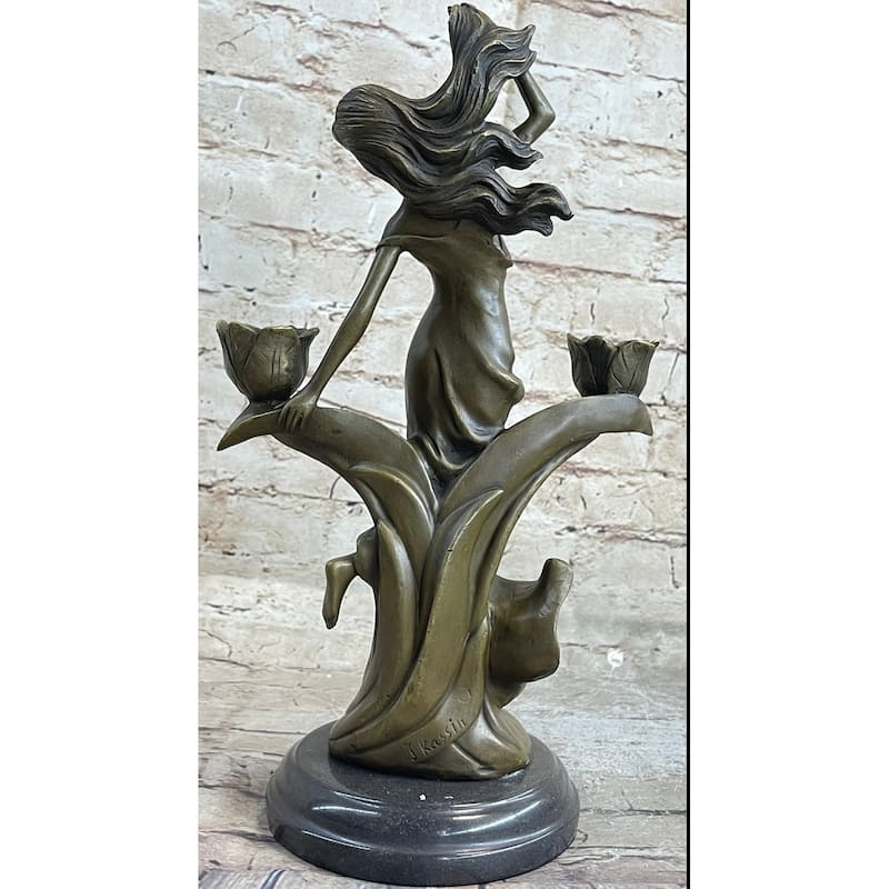 Art Nouveau Female Figure Bronze Candle Holder Candelabra Sculpture By Kin