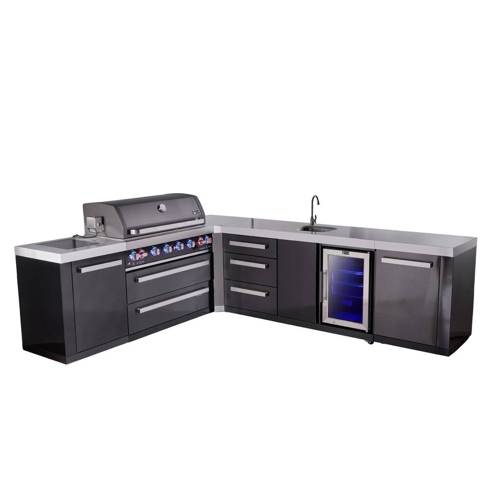 Mont Alpi 94"W x 113"D Black L-shaped Stainless Steel Outdoor Kitchen Island with Fridge Faucet & Sink + 44"W 6-Burner BBQ Grill