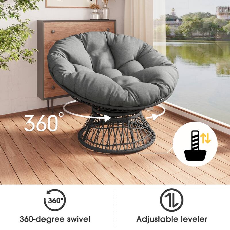 Ergonomic Wicker Chair with Thick Cushion and 360-Degree Swivel for Ultimate Comfort and Style - Gray