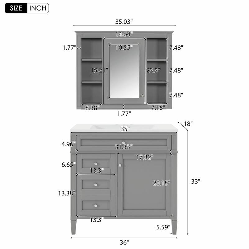 36'' Bathroom Vanity with Top Sink - Modern Storage Cabinet with Mirror