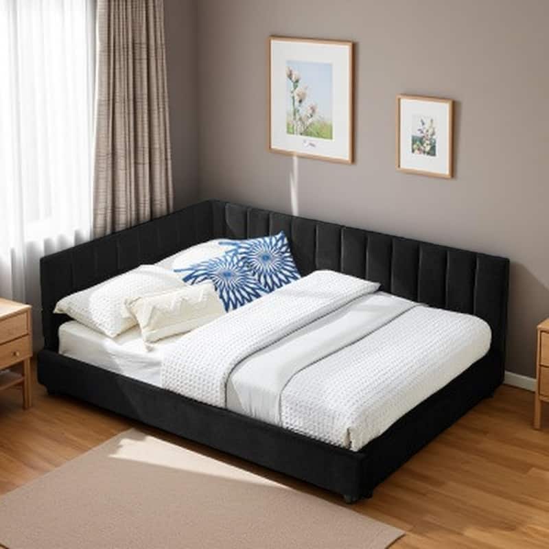 Full Size Velvet Upholstered Daybed with Tufted Backrest and Armrest, Mid-Century Sofa Bed Frame for Bedroom or Living Room - Black