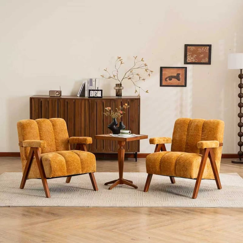 Mid Century Modern Accent Chair, Chenille Armchair with Solid Wood Legs, Channel Tufted Comfy Reading Chair for Living Room - Set-of-2-Camel