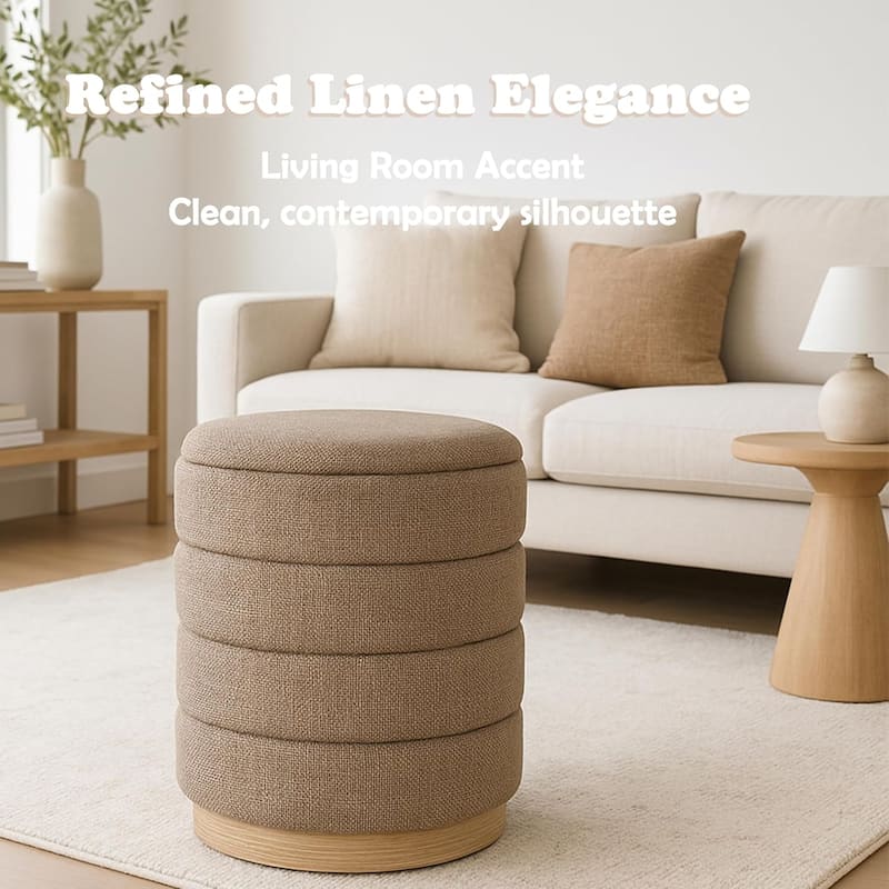 Modern Cylinder Ottoman with Hidden Storage Linen Upholstery Seat