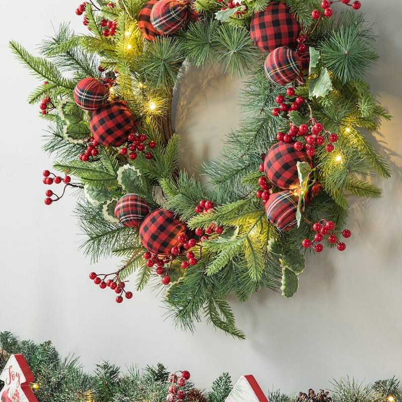 Glitzhome 24"D Snow Berry Twig Ball Pinecone Holly Pine Wreath with Lights & Timer