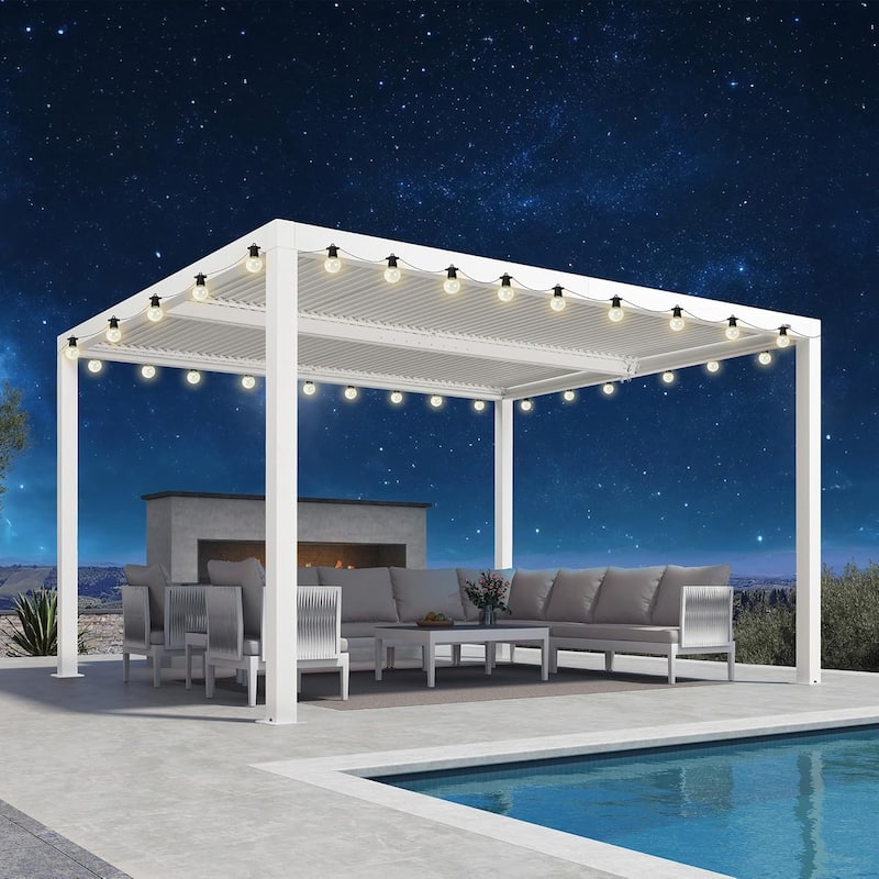 PURPLE LEAF Louvered Pergola with Solar Lights Hardtop Gazebo for Patio