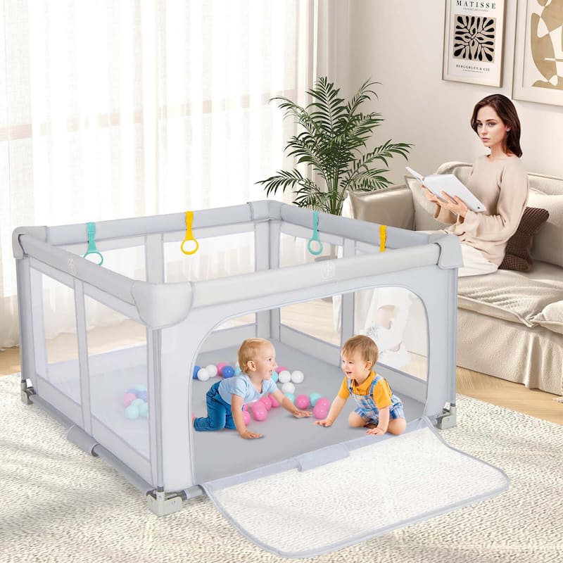 Honeyjoy Large Baby Playpen 50" x 50"/59" x 59" with Zipper Gate 50 - Grey