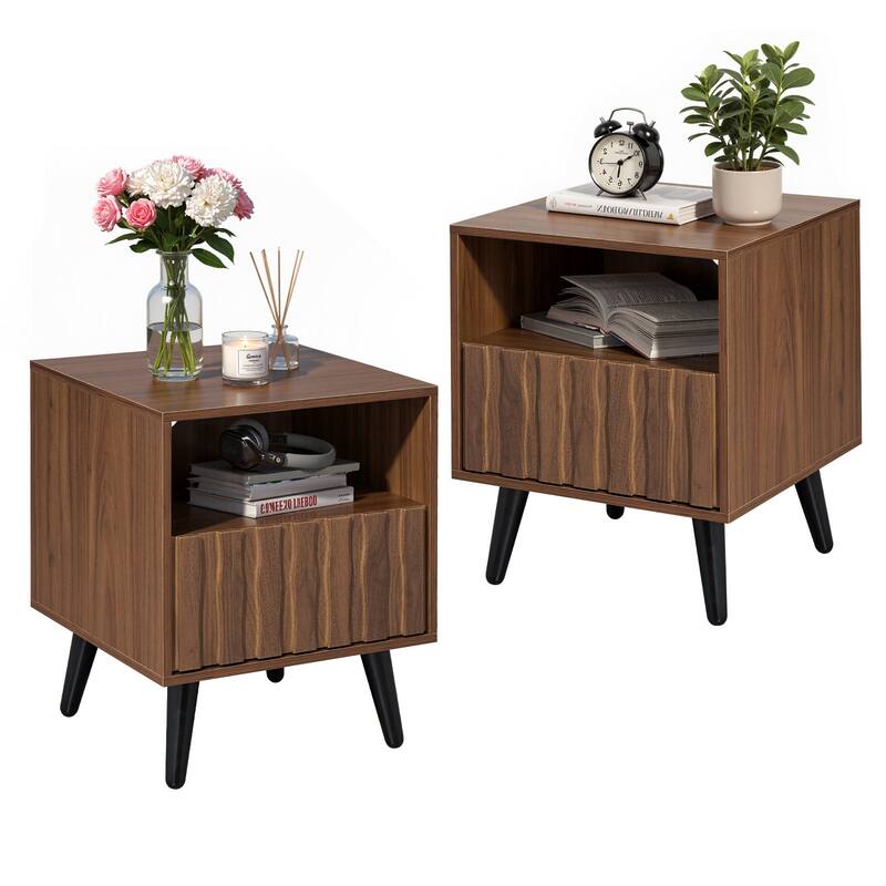 Mid-Century Modern Nightstand, Fluted End Table Drawer & Open Storage