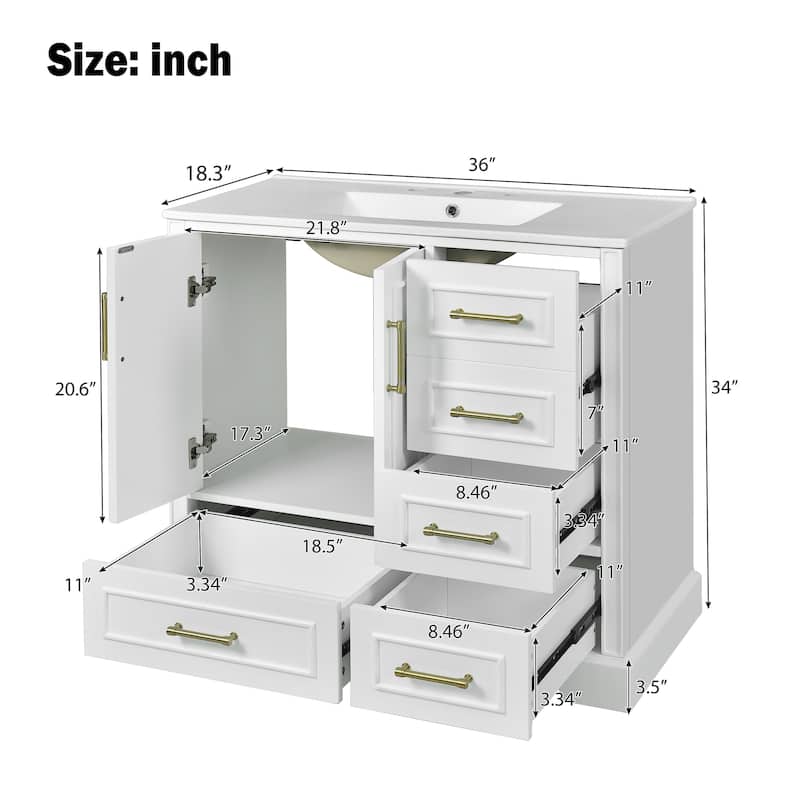 GDFStudio - Altair Wood & Ceramic 36" Traditional Bathroom Vanity with Sink, 2 Soft-Close Doors & 4 Drawers