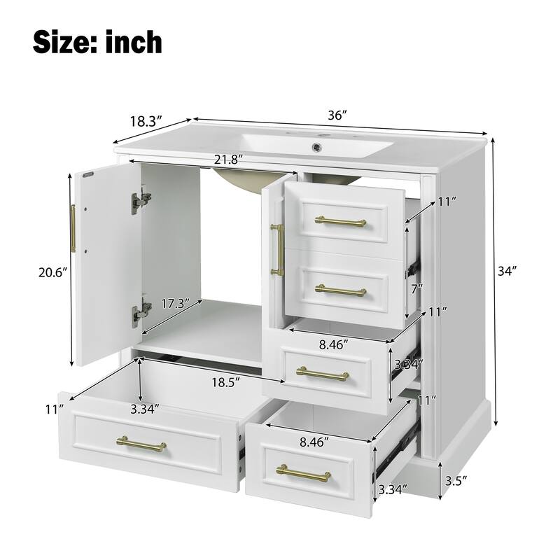 Traditional Bathroom Vanity with Ceramics Sink, Freestanding Cabinet with 3 Side Drawers, Bottom Drawer and 2 Soft Close Doors