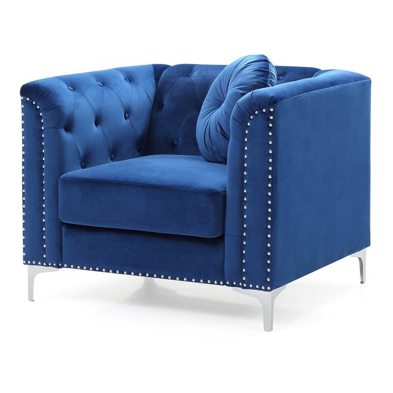 Velvet Button Tufted Accent Chair with Throw Pillow - 38" - Blue and Silver