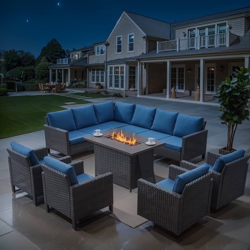 Patio Furniture Set with Propane Gas Fire Pit Table - Blue - Brown