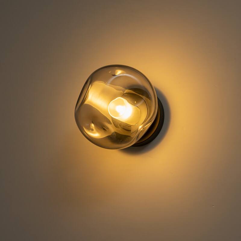 7.1" W Mid-Century Modern Matte Black Wall Sconce with Hand-Blown Smoked Gray/Pink Glass Shade for Bathroom, Staircase