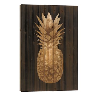 Gold Pineapple On Black II Print On Wood by Kate Bennett - Multi-Color