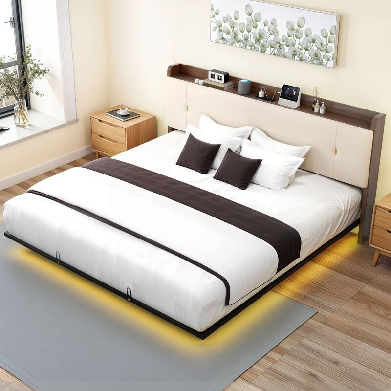 Moasis Floating Bed Frame with LED Lights PU Upholstered Platform Bed Frames