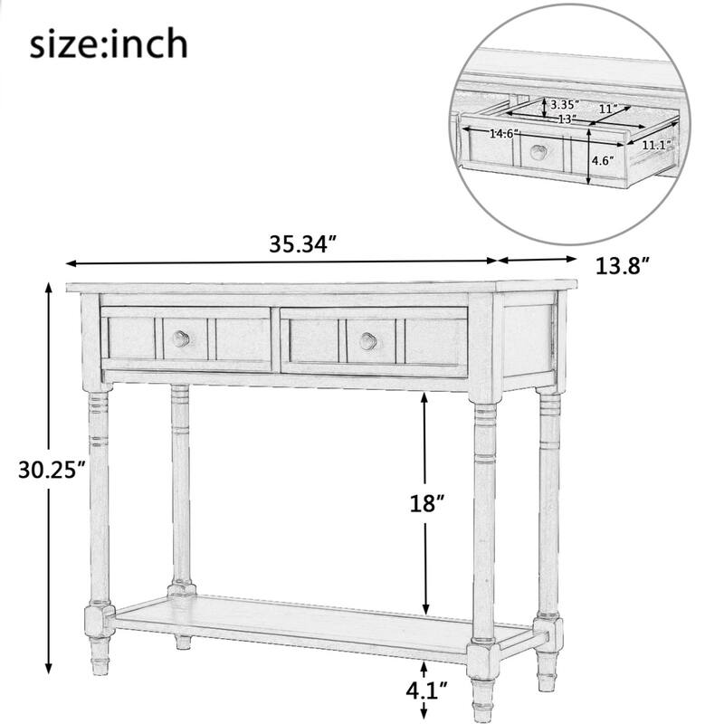 Daisy Series Farmhouse Console Table Solid Wood 2 Drawers Bottom Shelf Entryway