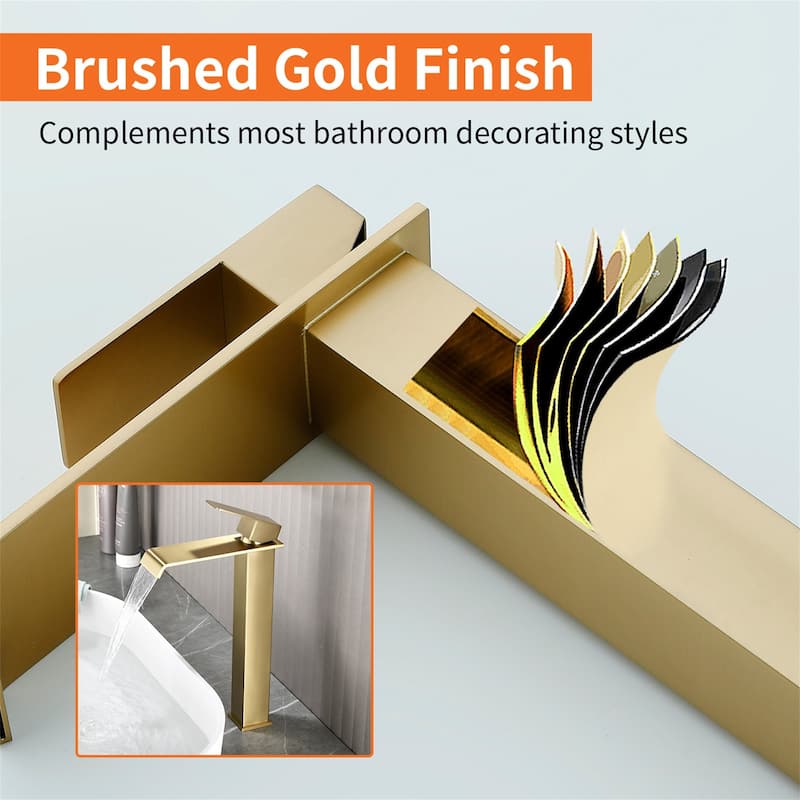 Waterfall Single Handle Bathroom Vessel Sink Faucet with Pop-up Drain 304 Stainless Steel 1 Hole High Tall Basin Vanity Faucets