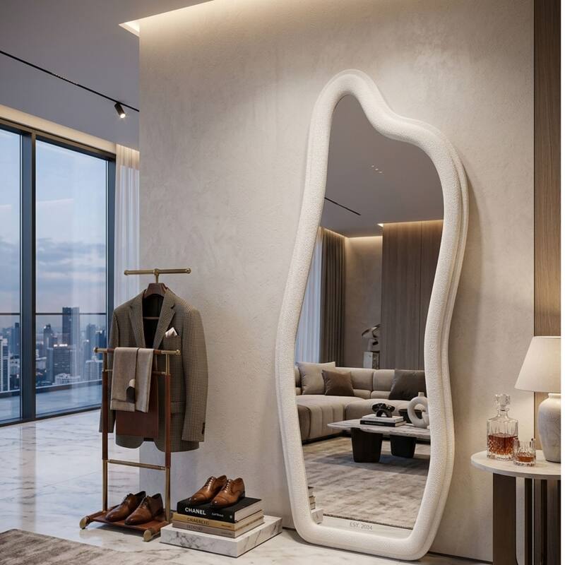 Aria Home Groove Wavy Floor Mirror 24x63 White Boucle Sculptural Decor