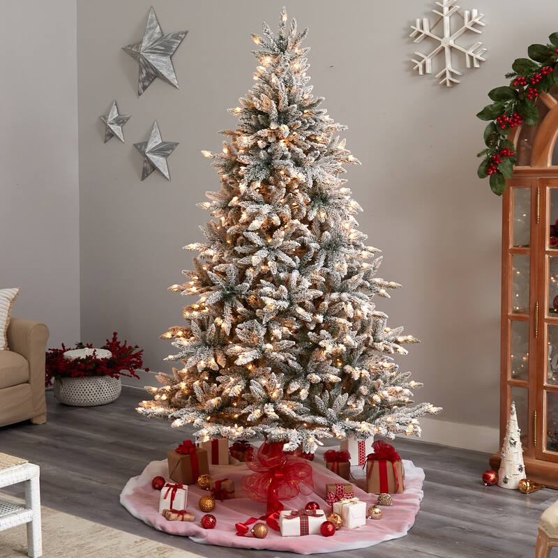 8’ Flocked West Virginia Spruce Artificial Christmas Tree, Clear LED - 8 Foot
