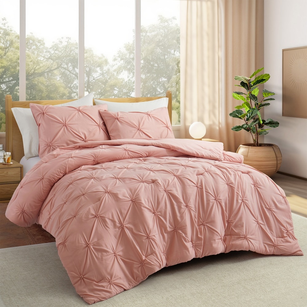 3 Piece Reversible Pintuck Pinch Pleat Comforter Set, Bedding Set for All Season