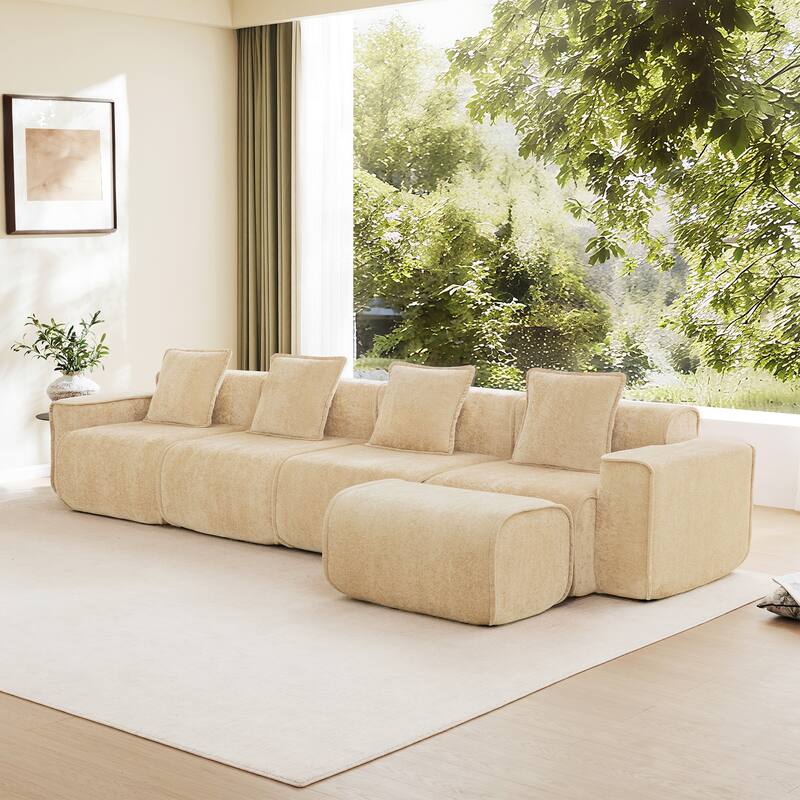 GDFStudio - Velvet Streamlined Modular 4-Seater 138.58" L-Shaped Sectional Sofa with Ottoman