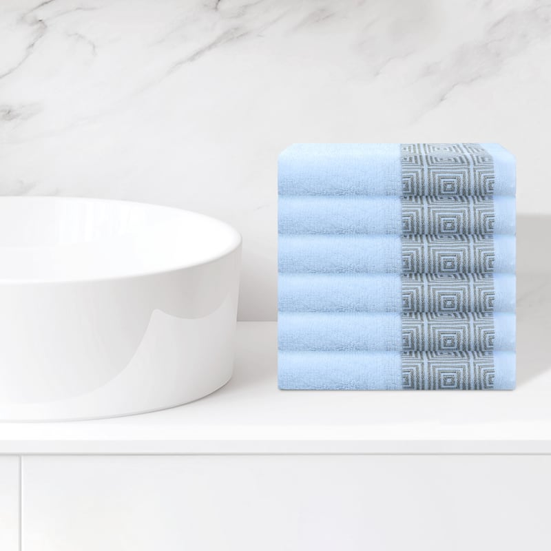 Geometric Patterns Washcloths Set, Cotton Bath Towels, Low Linting Face Towels for Bathroom, Hotel, Spa 13" x 13" - Blue - 6 Pack