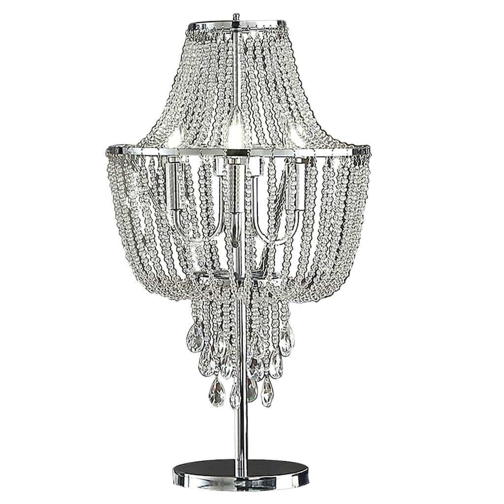 Cara 27 Inch Table Lamp, Hanging Drop Design, Crystal and Metal, Chrome