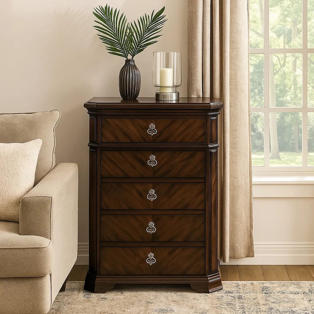 Five Drawer Solid Wood Chest with Clipped Corner, Espresso Brown