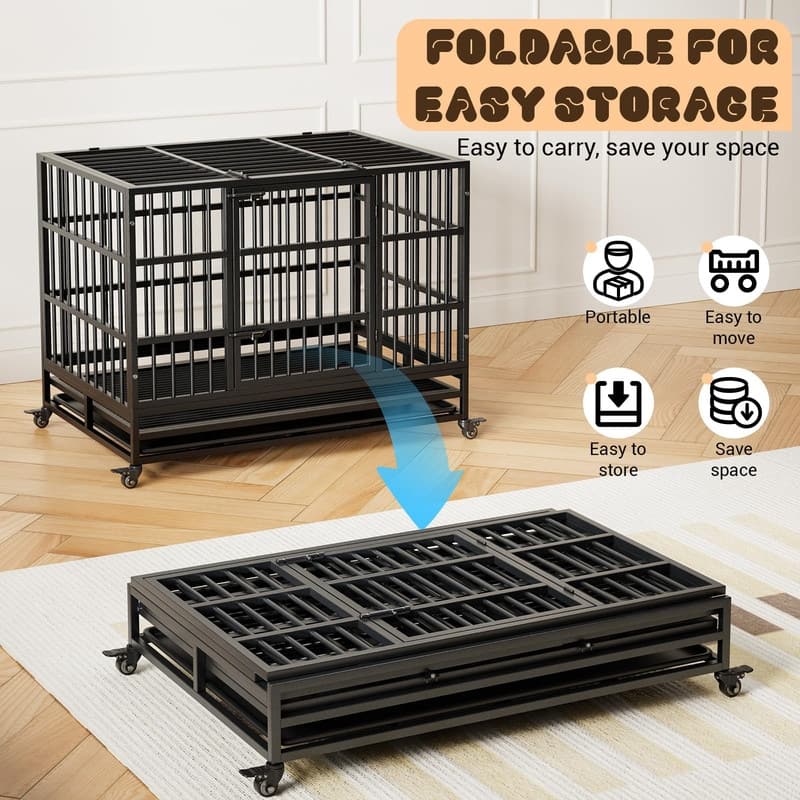 Heavy Duty Dog Crate withDouble Door Wheels ChewProof Metal Kennel for Small Dogs Easy to Assemble