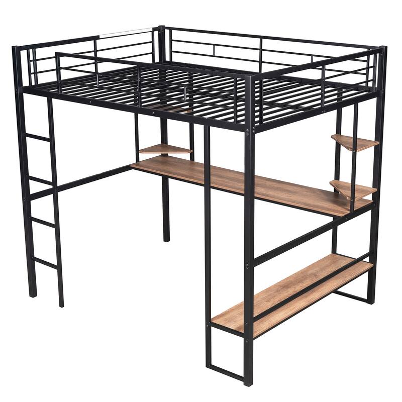 Full Size Loft Bed (Metal & MDF) - Long Desk & Shelves - Black, Space-Saving Functional Furniture