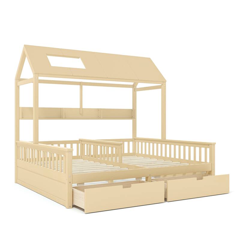 Double Twin Platform Bed with Storage Shelves and Drawers, House Platform Bed with Support Slats, Childlike