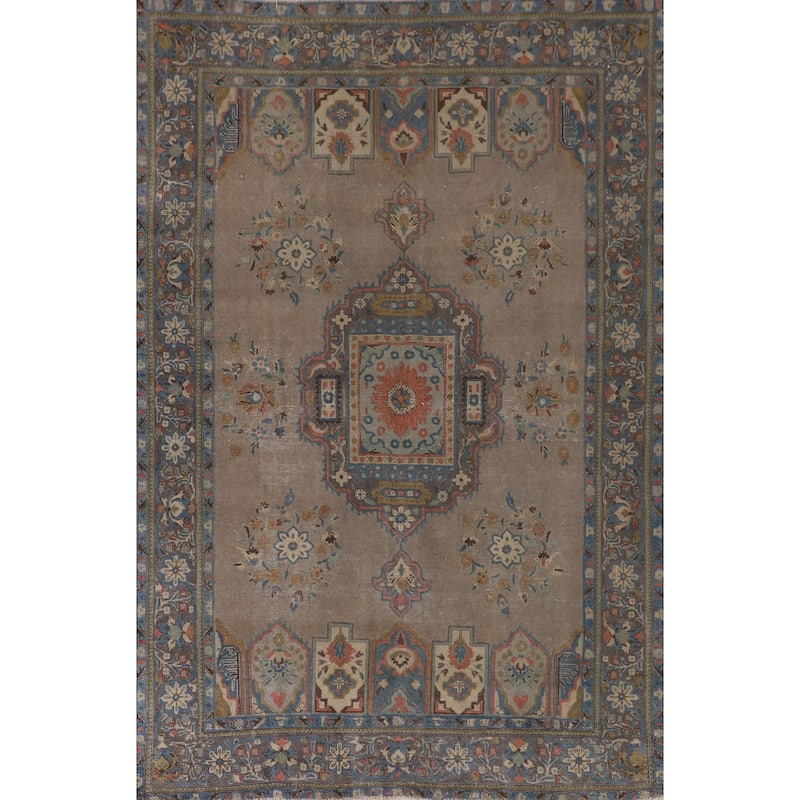 Brown Geometric Bakhtiari Persian Vintage Rug Handmade Wool Carpet - 6'9"x 9'4"