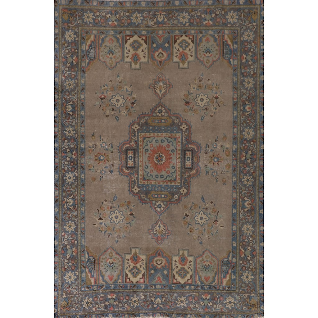 Brown Geometric Bakhtiari Persian Vintage Rug Handmade Wool Carpet - 6'9"x 9'4"