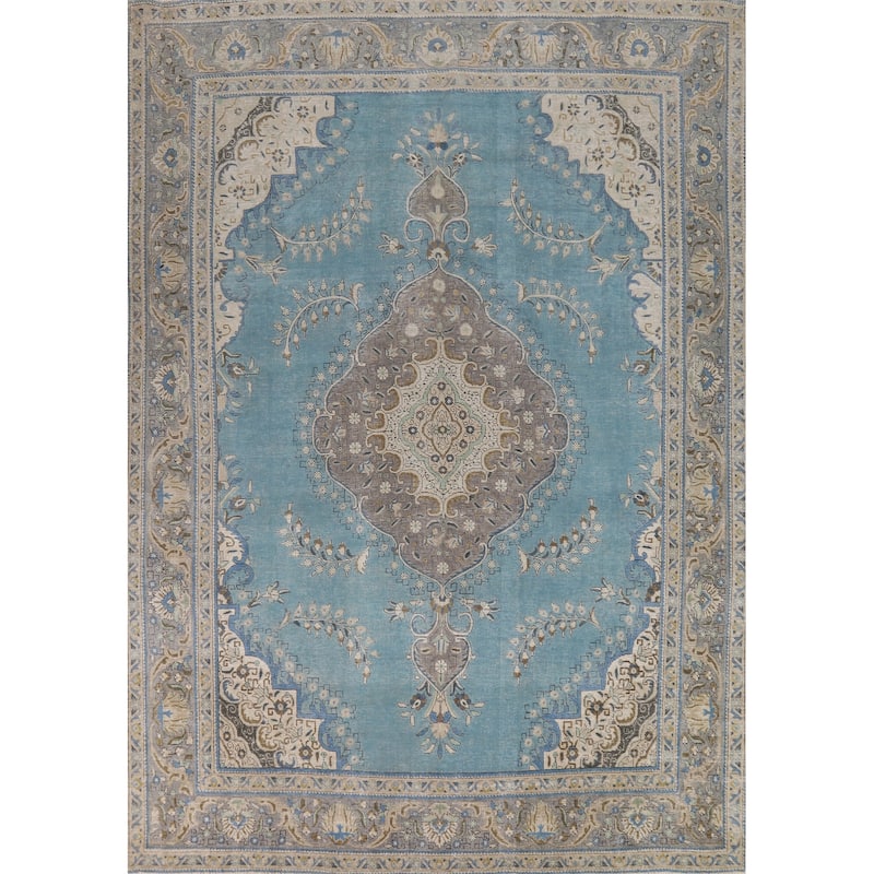 Light Blue Medallion Tabriz Persian Area Rug Hand-Knotted Wool Carpet - 9'10"x 12'10"