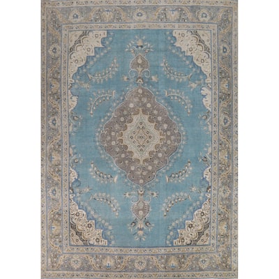 Light Blue Medallion Tabriz Persian Area Rug Hand-Knotted Wool Carpet - 9'10"x 12'10"
