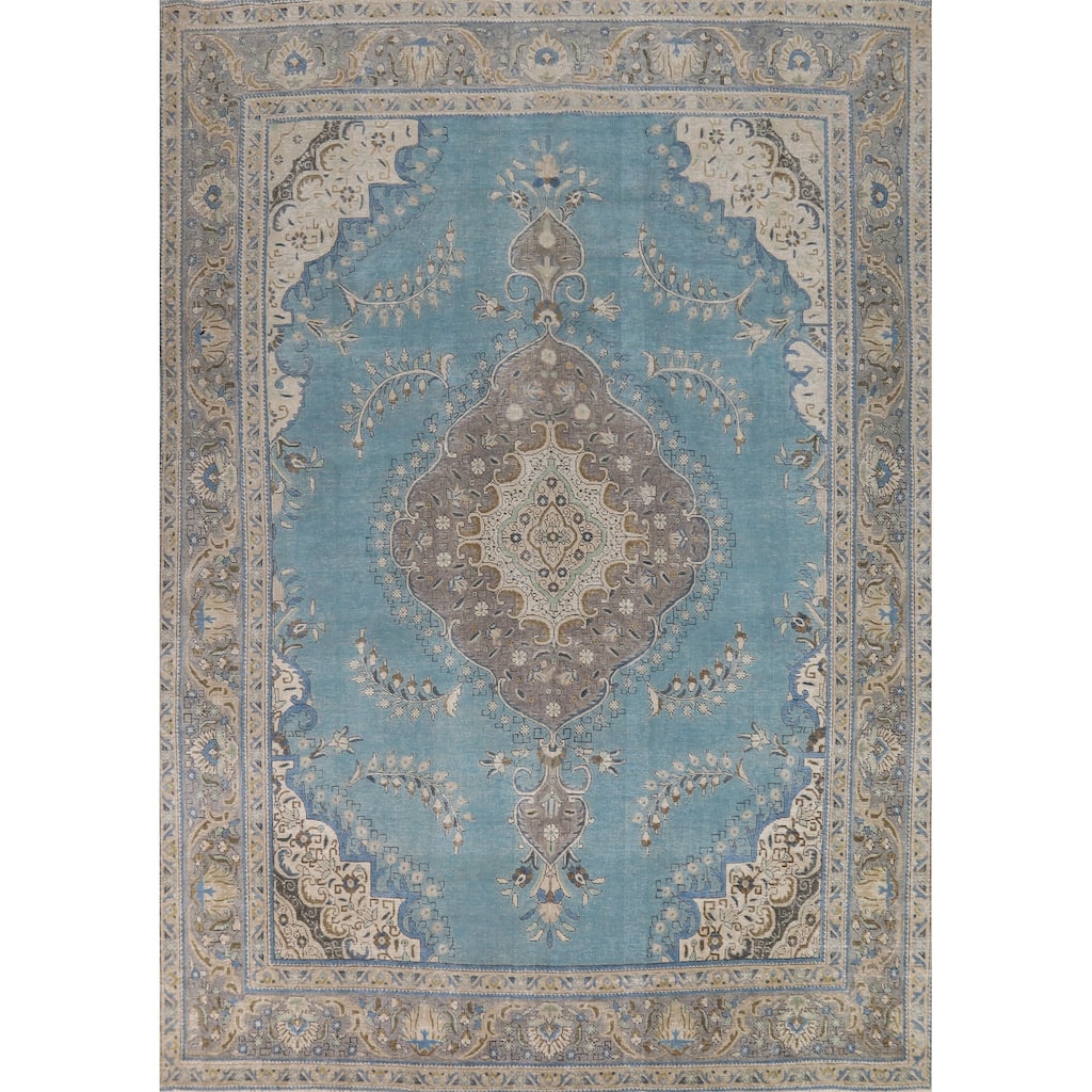 Light Blue Medallion Tabriz Persian Area Rug Hand-Knotted Wool Carpet - 9'10"x 12'10"
