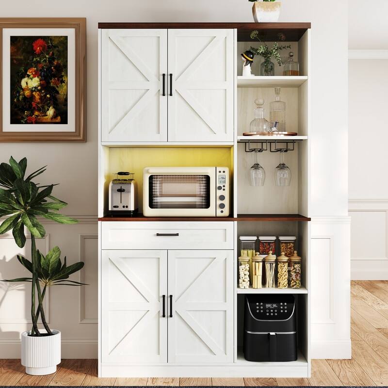 Multifunctional Kitchen Pantry Sideboard with Cabinet and Drawer, Glass Holder, Microwave Stand with Charging Station