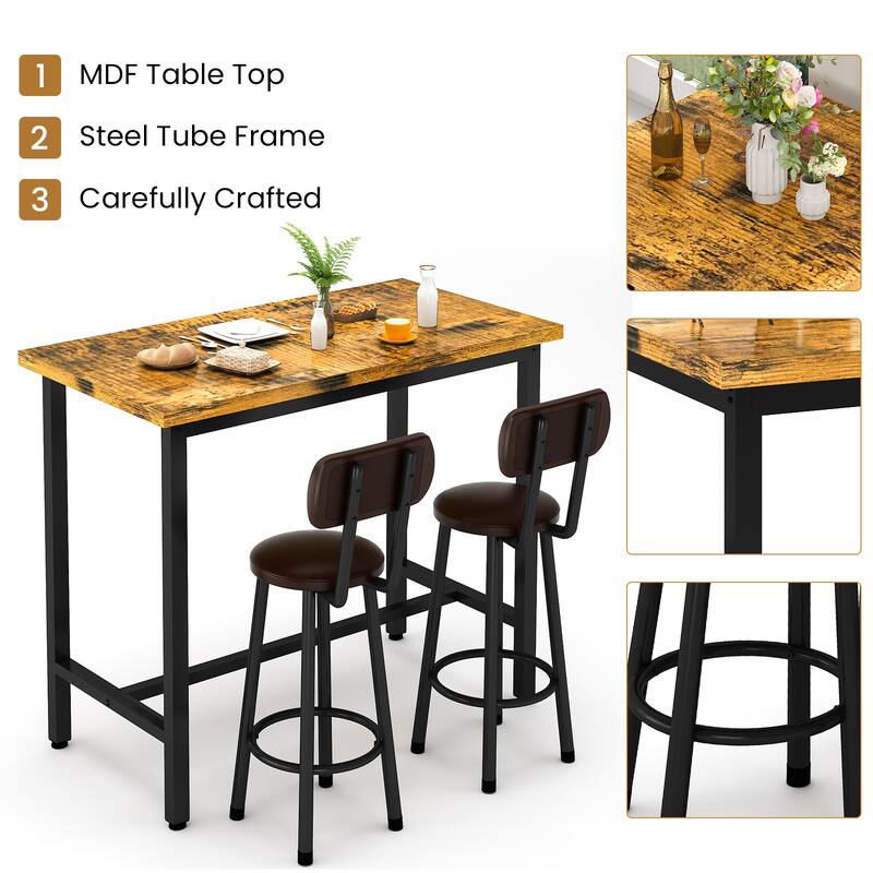 2 - Person Breakfast Nook Dining Set, Rectangular Pub Bistro Table and 2 Upholstered Chairs with Back for Home Kitchen