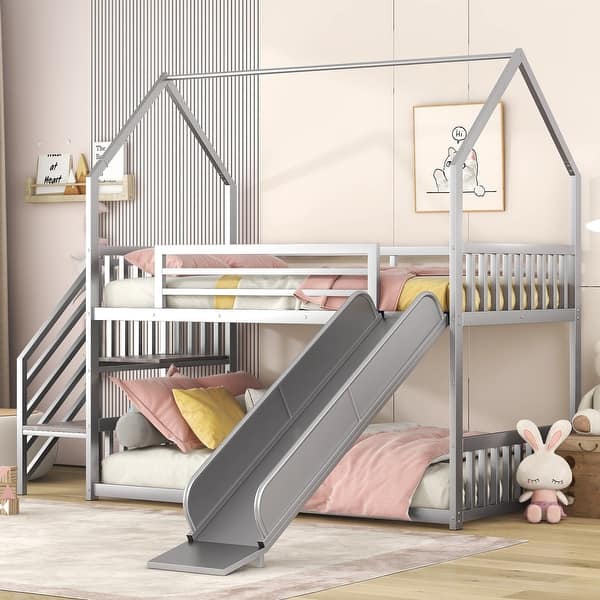 slide 2 of 12, Twin Size Metal Bunk Bed House Design with Slide, Staircase, and Storage for Kids, Silver Finish Silver