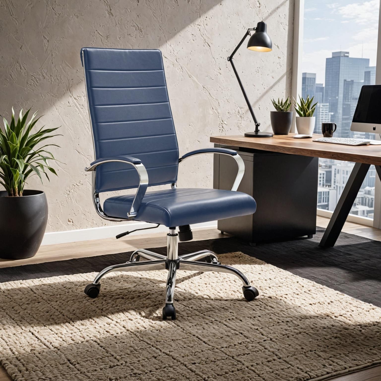 Benmar High Back Leather Executive Office Desk Chair with Chrome Frame, Adjustable Height, Tilt Lock and Swivel for Home Office